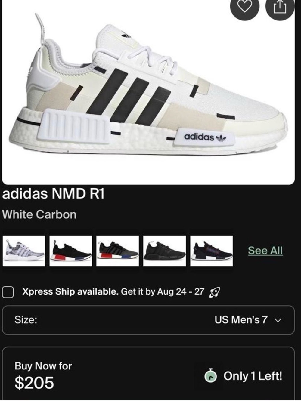 Adidas NMD R1 Carbon white sneakers with black stripes 
Size men’s 5